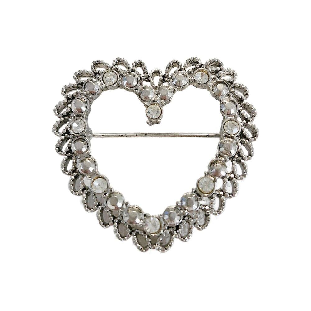 Vintage Crystal Heart Wreath Brooch